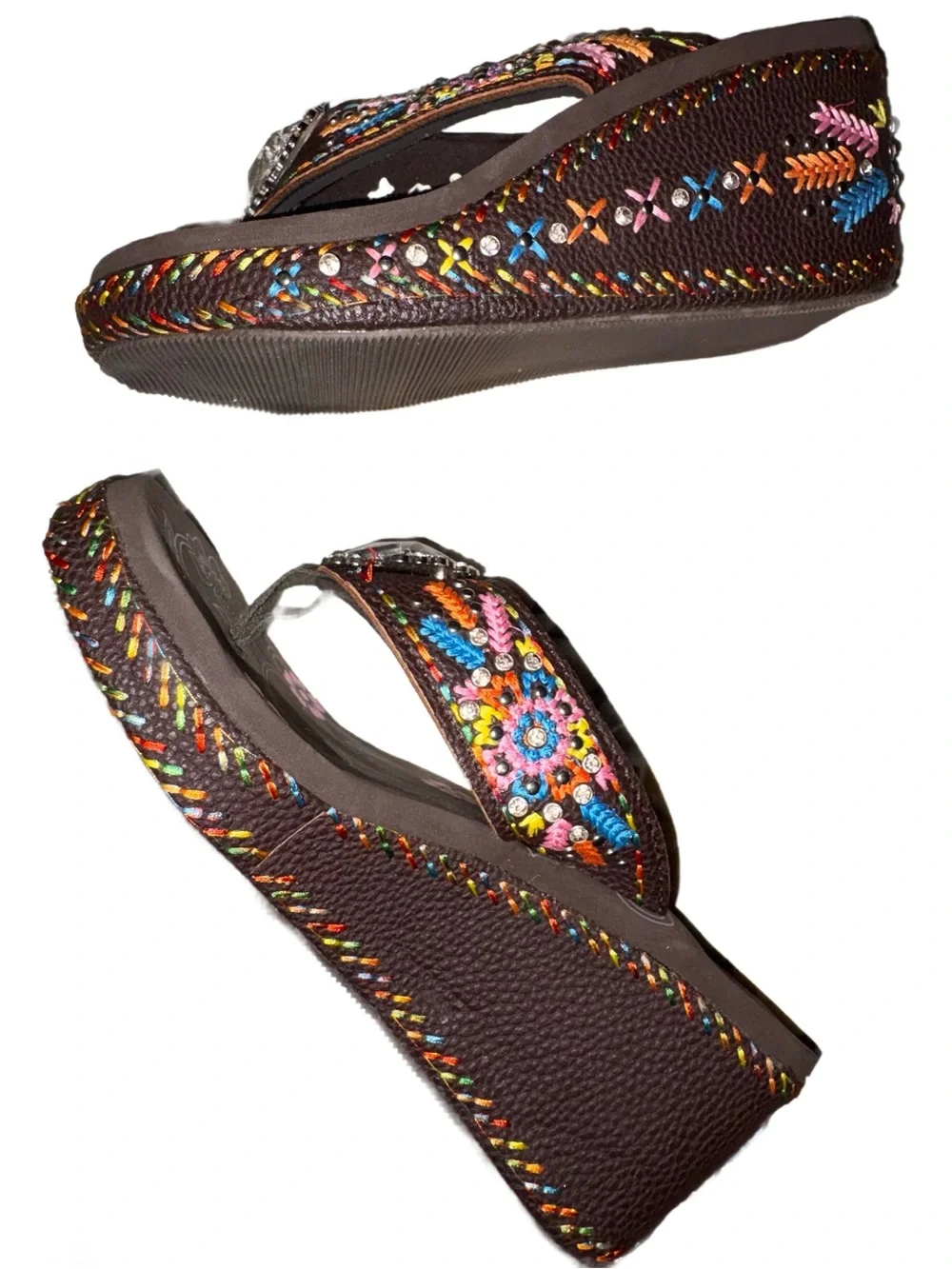 AMAZING MONTANA WEST-Brown Embroidered Wedge Thong Sandals⭐️LIKE NEW⭐️